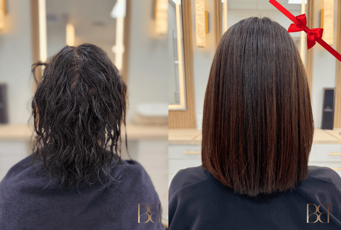 Brazilian Blowout treatment with a red bow in the corner for the holidays 