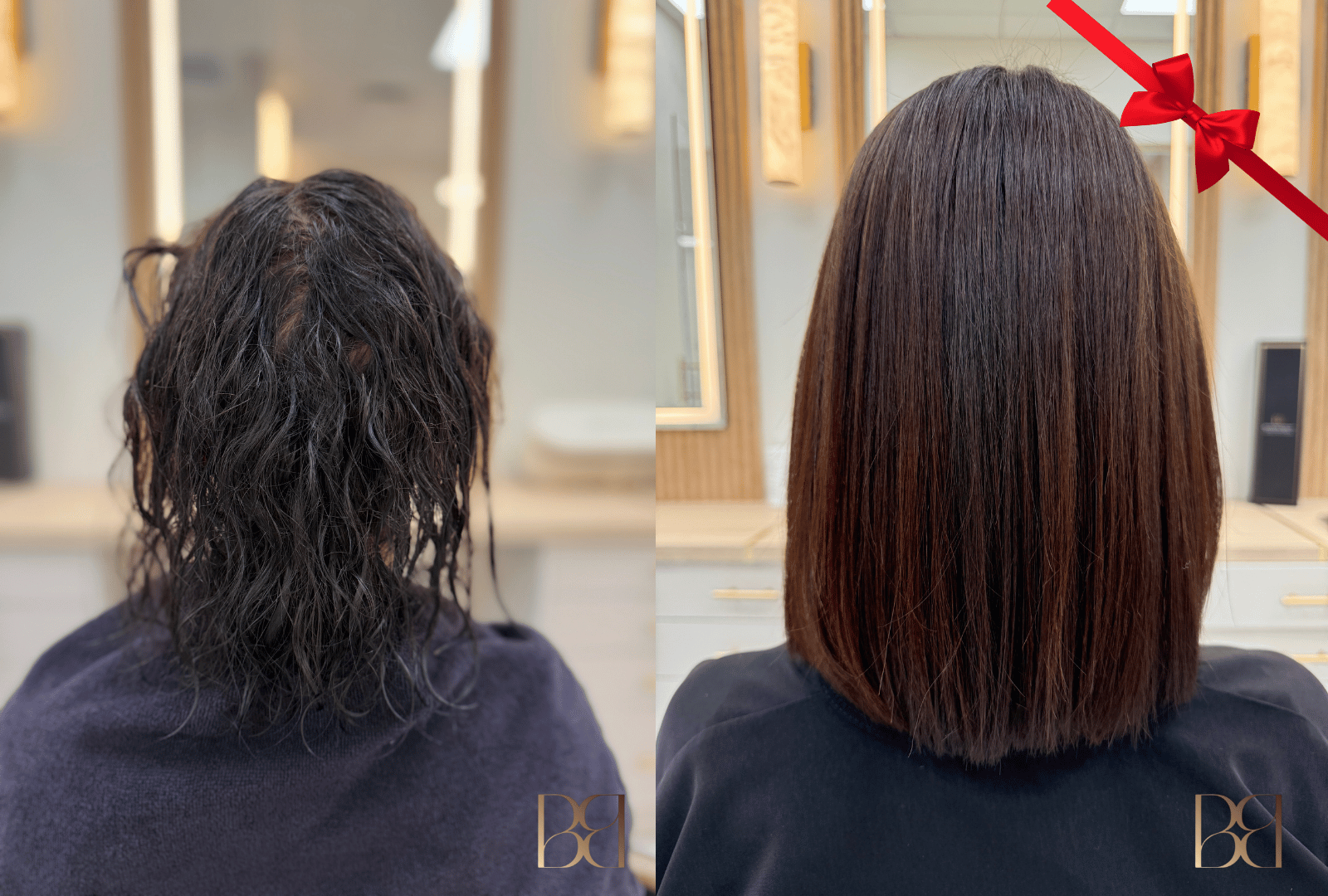 Brazilian Blowout treatment with a red bow in the corner for the holidays 