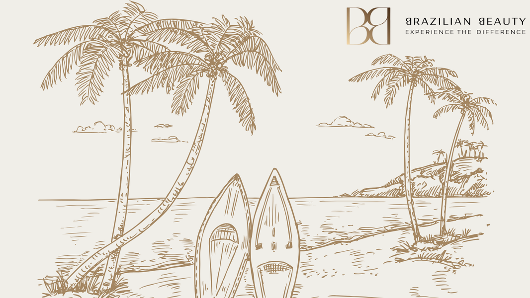 Palm tree and beach weather graphic with the Brazilian Beauty logo