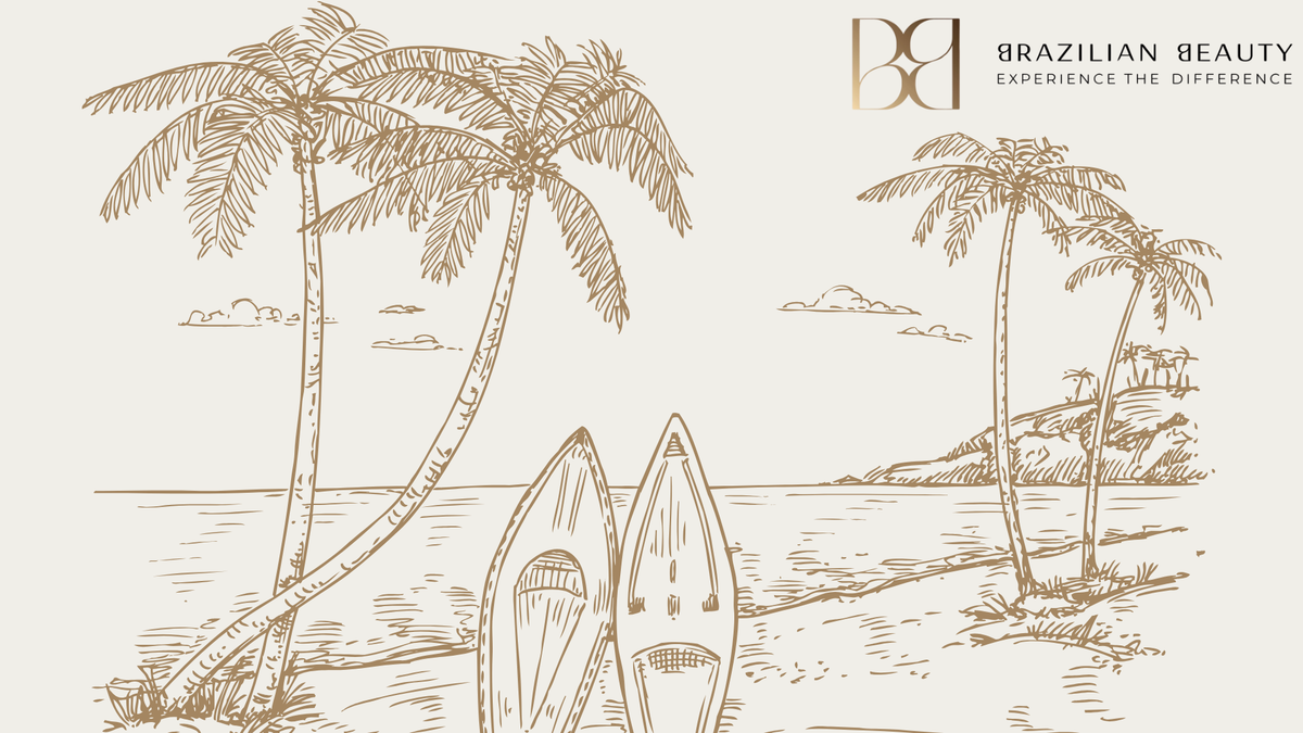 Palm tree and beach weather graphic with the Brazilian Beauty logo