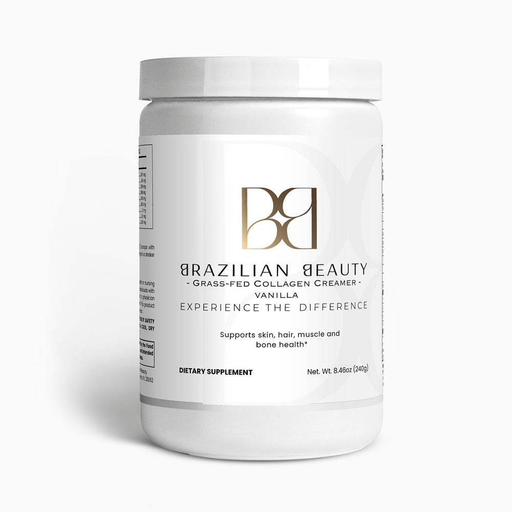White container of Brazilian Beauty grass-fed collagen creamer on a white background