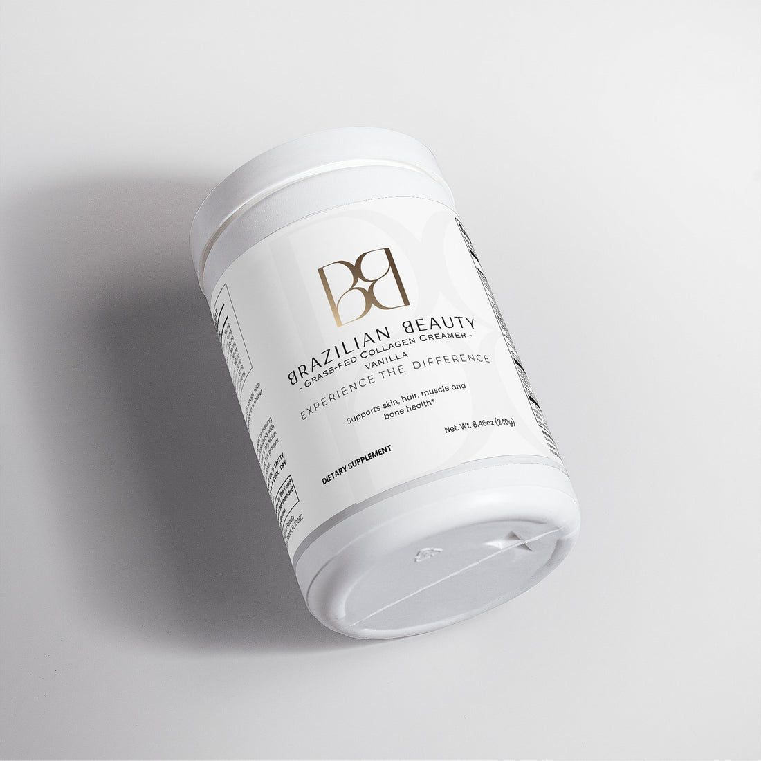 White container with 'Brazillian Beauty' label on a gray background