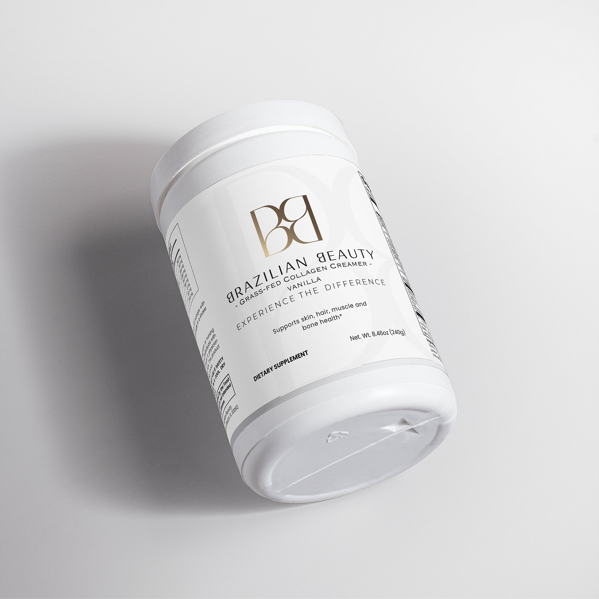 White container with 'Brazillian Beauty' label on a gray background