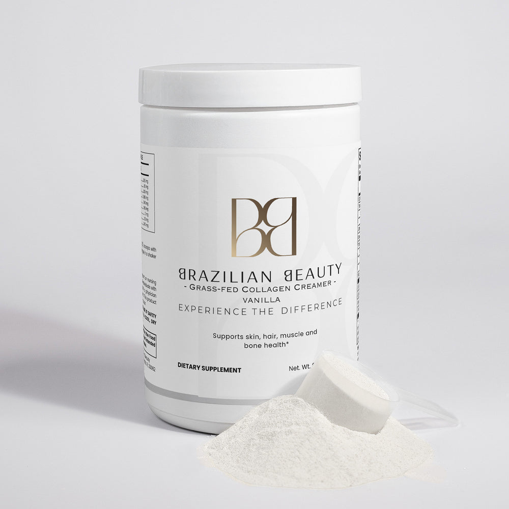 Container of Brazilian Beauty dietary supplement with white powder on a light gray background