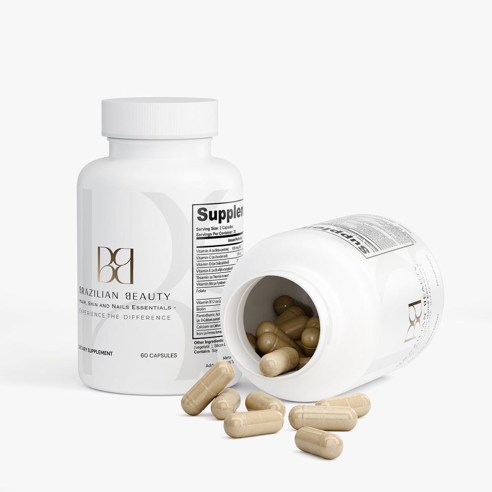 Brazilian Beauty bottle with open lid showing capsules on a white background