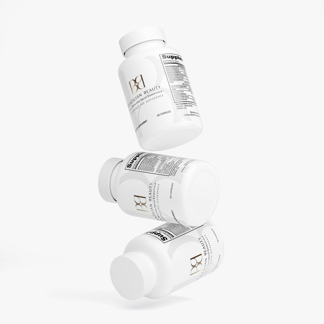 Three white Brazilian Beauty supplement bottles with labels on a white background
