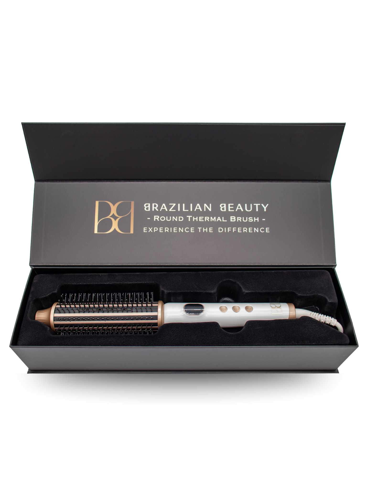 Round thermal brush in the black Brazilian Beauty box. 