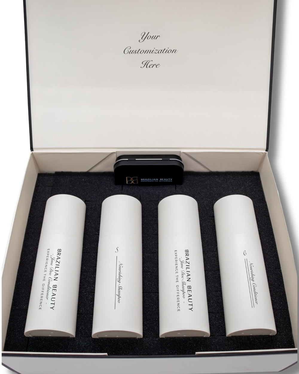 Set of white cylindrical shampoo and conditioner containers with text in a Brazilian Beauty box.