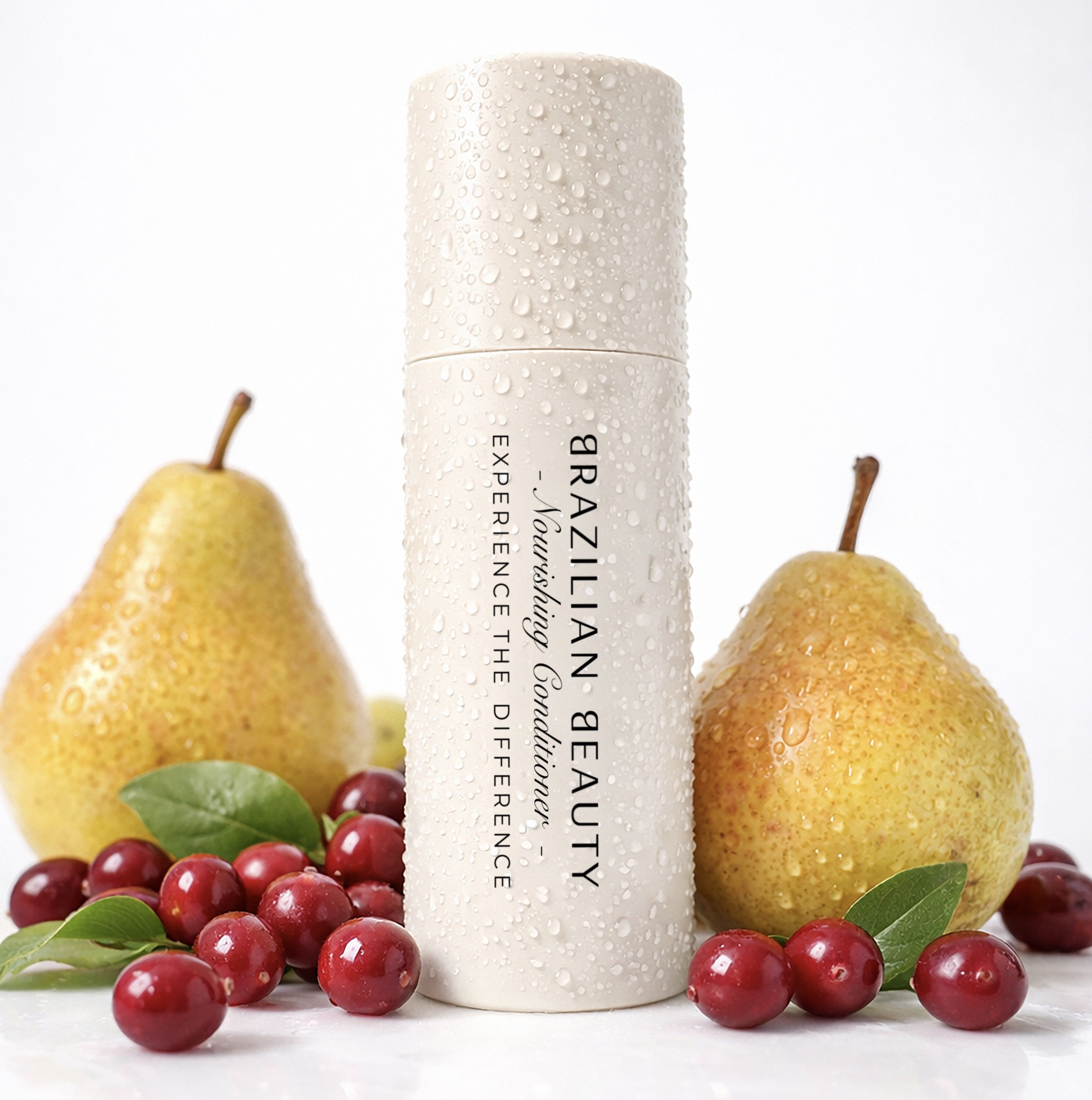Brazilian Beauty Nourishing Conditioner with pears and cranberries around a neutral background
