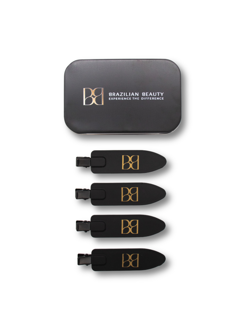 Set of black hair clips with gold logo on a white background, featuring 'Brazilian Beauty' branding.