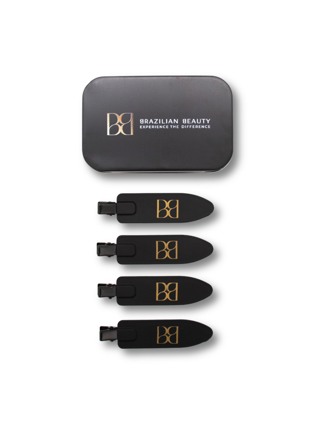 Set of black hair clips with gold logo on a white background, featuring 'Brazilian Beauty' branding.