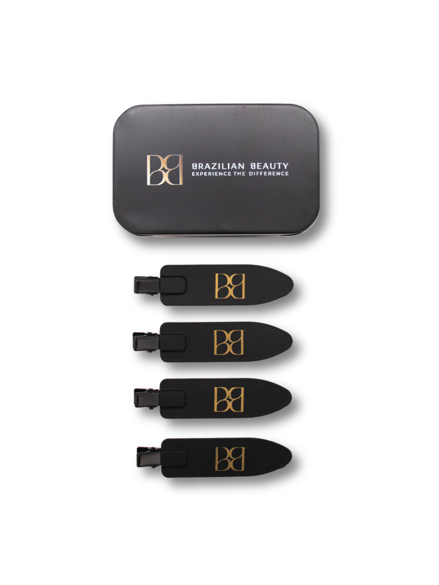 Set of black hair clips with gold logo on a white background, featuring 'Brazilian Beauty' branding.