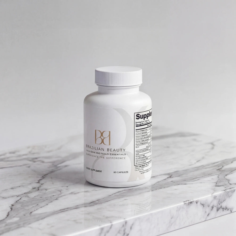 Supplement bottle on a marble surface with a neutral background