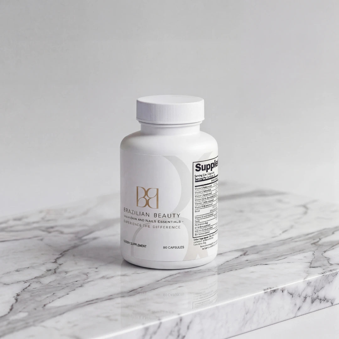Supplement bottle on a marble surface with a neutral background