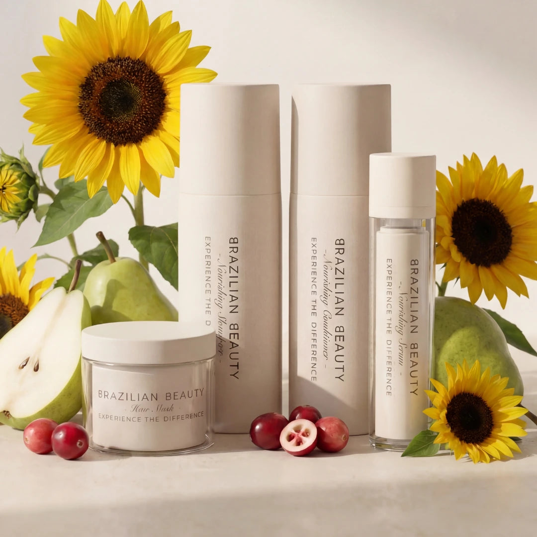 Nourishing Bundle products with sunflowers, pears, and cranberries laying around in front of a neutral background. 