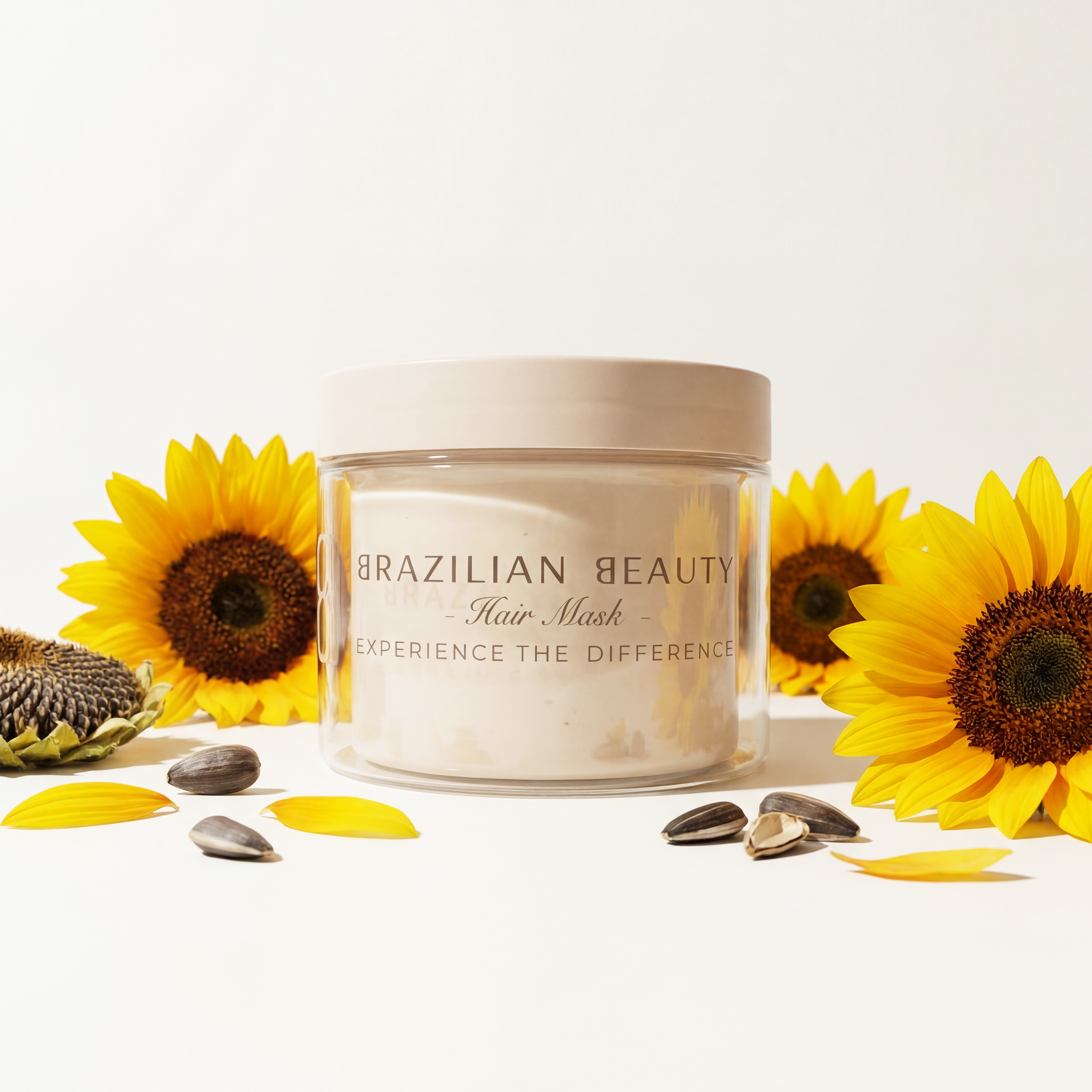 Jar of Brazilian Beauty hair mask with sunflowers on a white background