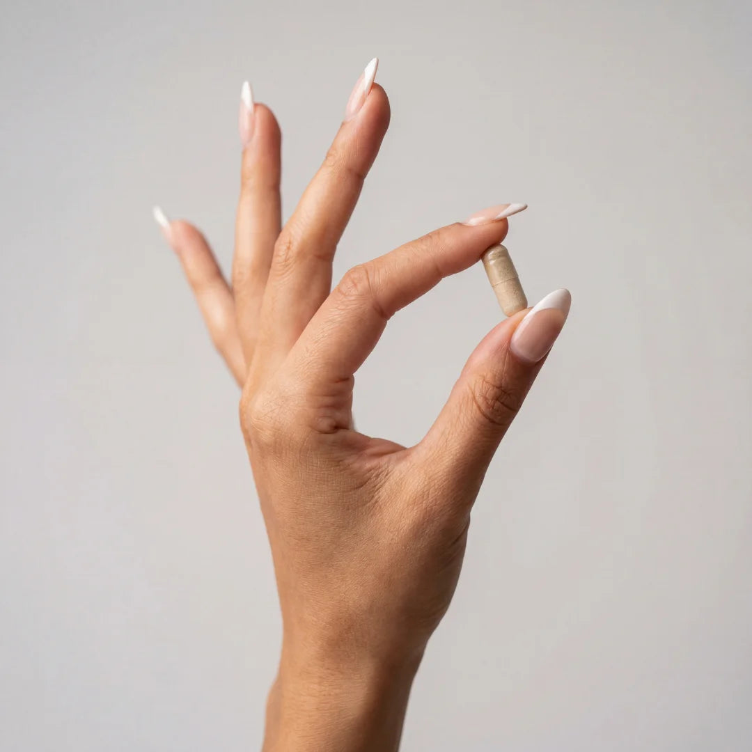 Hand holding a small pill against a plain background