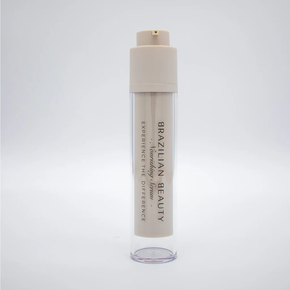 Brazilian Beauty Nourishing Serum bottle, open showing pump application 