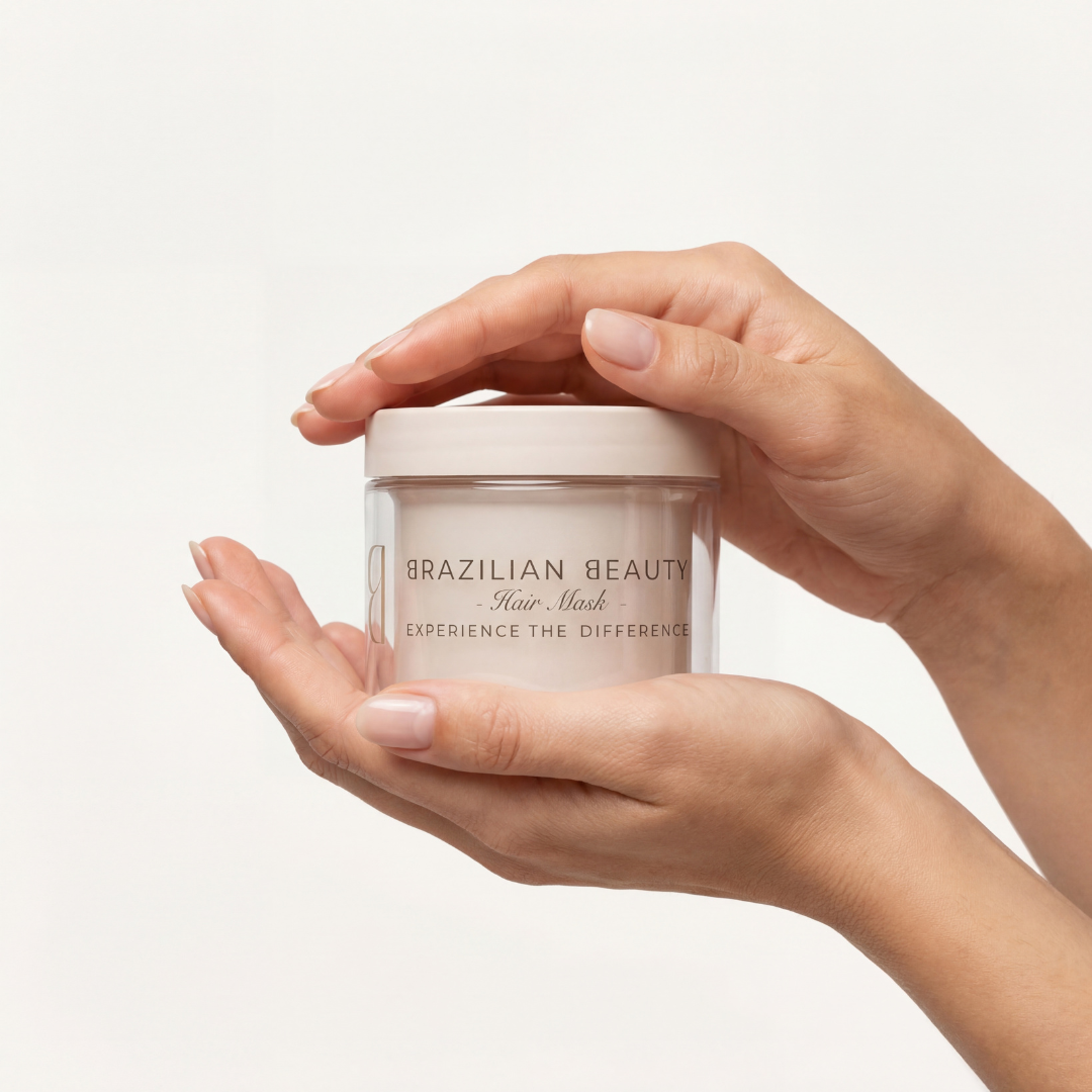 Hand holding a container of 'Brazilian Beauty' hair mask against a light background