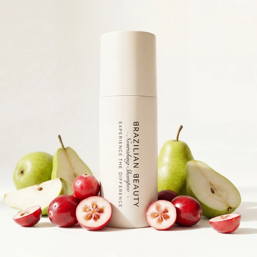 Nourishing Shampoo with pears and cranberries on a neutral background. 