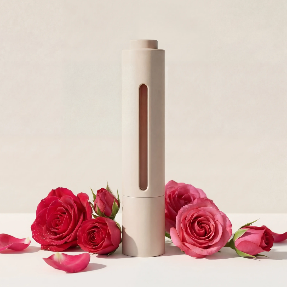 Brazilian Beauty bottle showing back of product with roses around a neutral background 