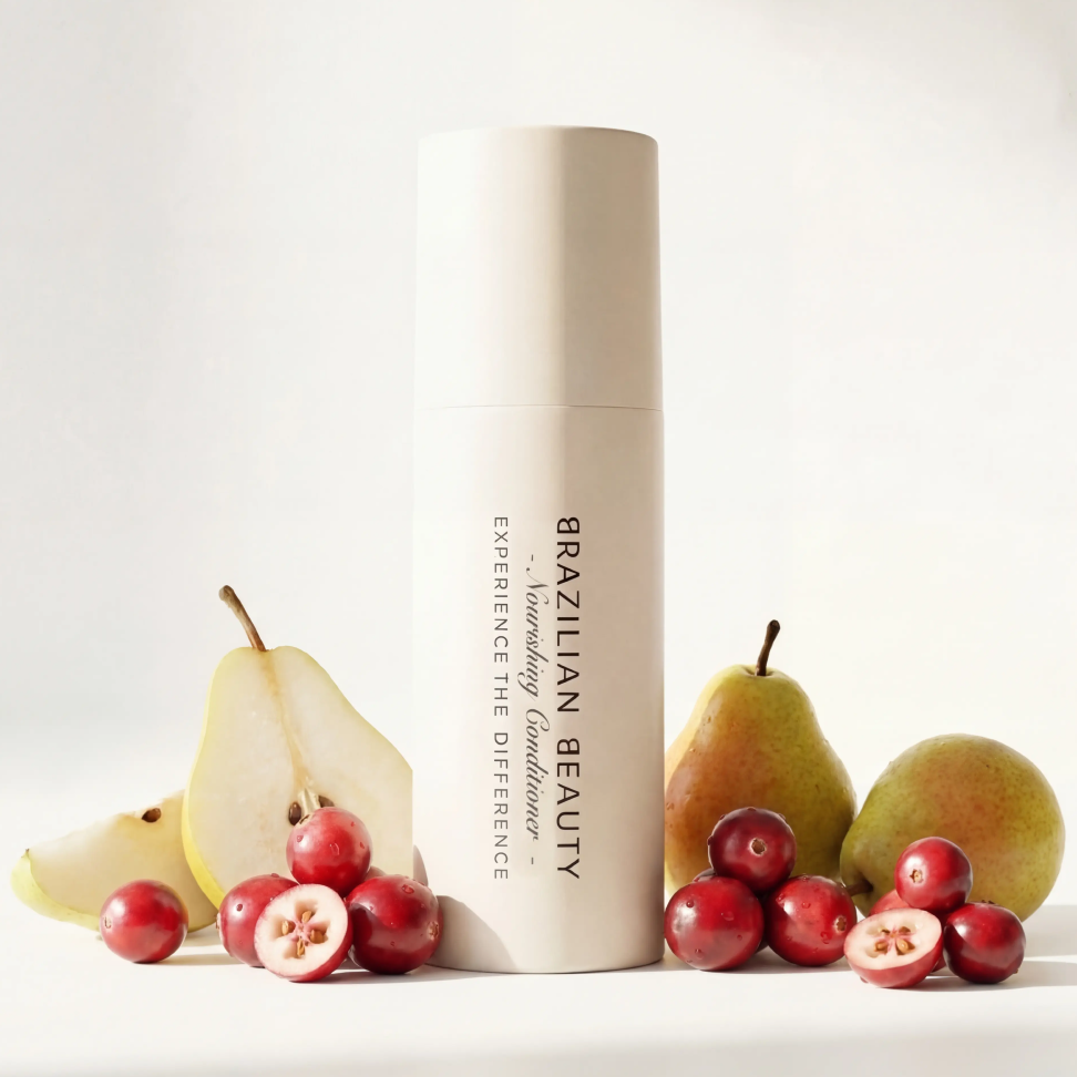 Nourishing Conditioner from Brazilian Beauty with pears and cranberries on a neutral background. 