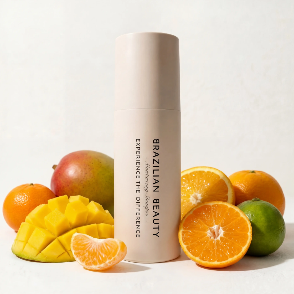 Moisturizing shampoo bottle labeled 'Brazilian Beauty' with fruits on a light background