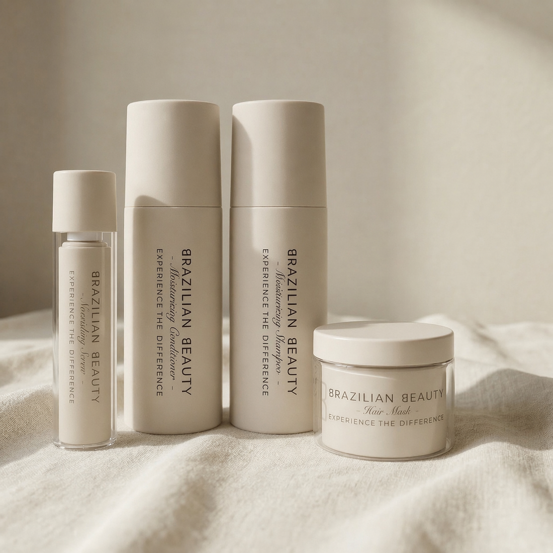 Set of Brazilian Beauty haircare products on a textured surface with a neutral background